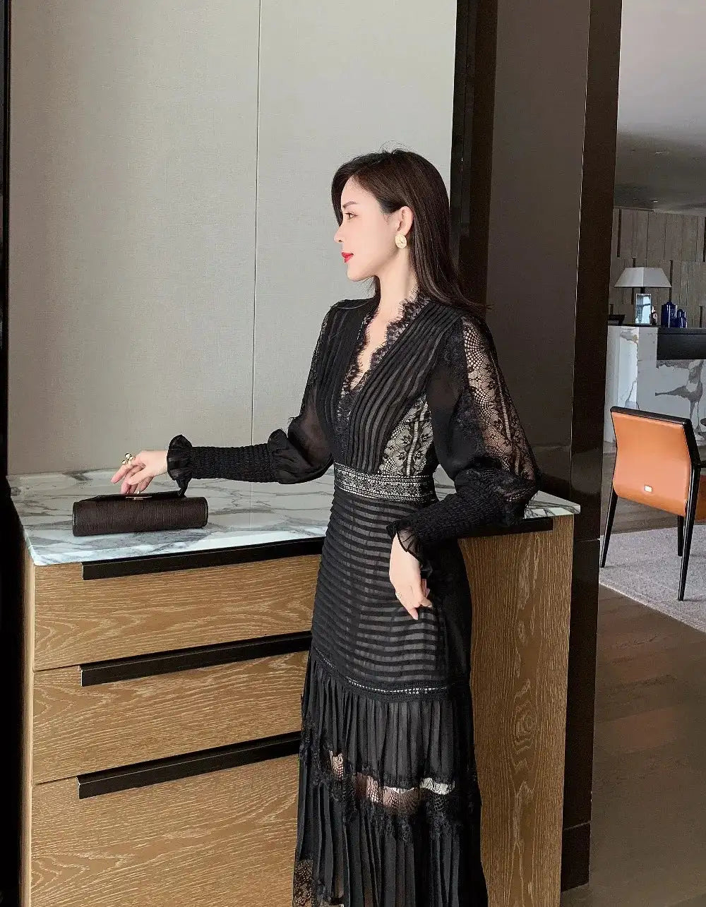 JSXDHK Fashion Runway Women Pleated Party Dress Spring Sexy V Neck Lantern Sleeve Chiffon Patchwork Lace Bodycon Slim Long Dress - Lootquake