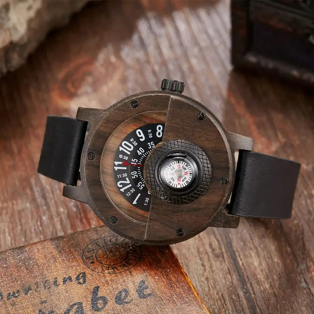 Natural Wood Watch Men Turntable Compass Dial Real Walnut Ebony Bamboo Wooden Watches Male Brown Concept Clock Quartz Wristwatch - Lootquake