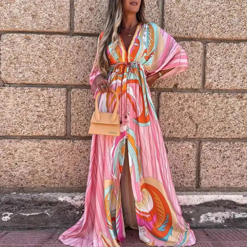 2023 Women Gorgeous Boho Print Maxi Beach Dress Summer Deep V Slit Elastic Waist Party Dress Elegant Holiday Long Dress Vestidos - Lootquake