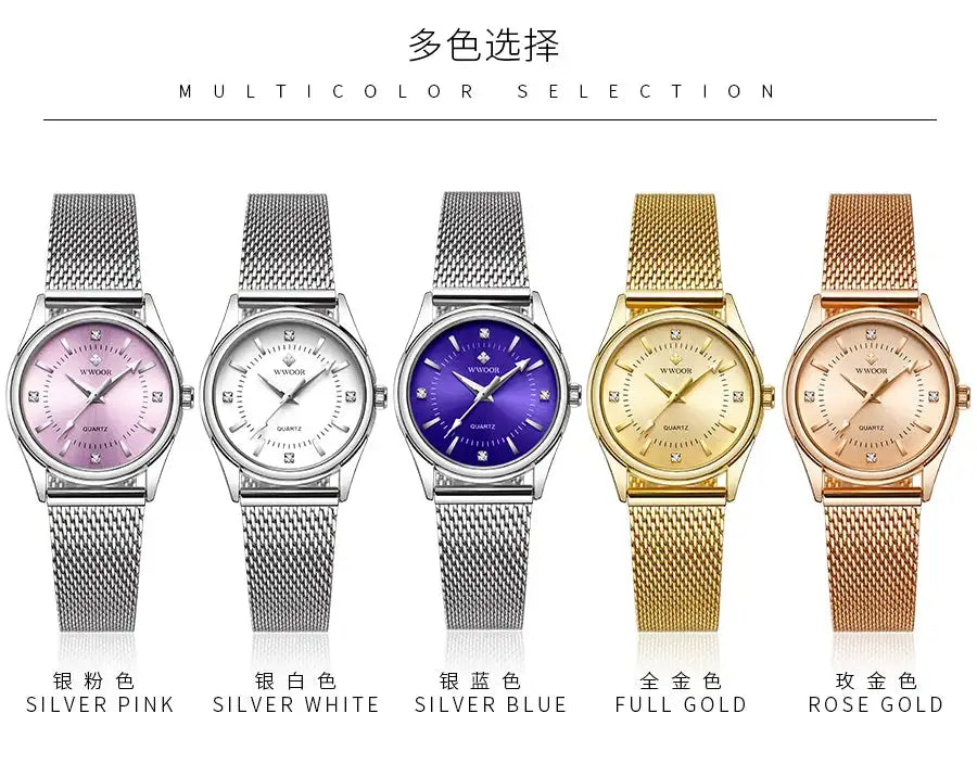 WWOOR 2023 Casual Women Dress Rose Gold Mesh Belt Fashion Diamonds Wristwatch Waterproof Simple Female Quartz Watch Reloj Mujer - Lootquake