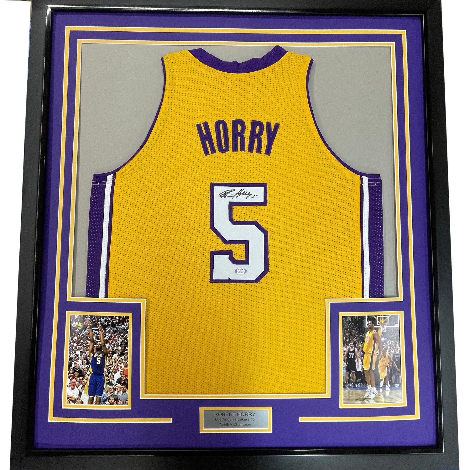 Camiseta de baloncesto amarilla de Los Ángeles LA, enmarcada, autografiada y firmada por Robert Horry, 35 x 39, PSA/CÓDIGO DE AUTÉNTICO/ADN.