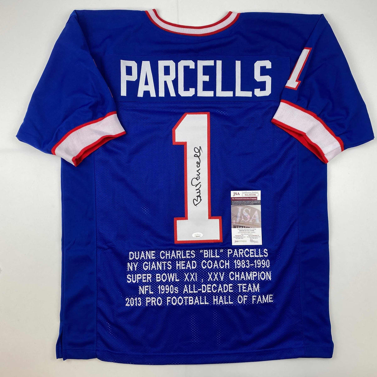 Camiseta de fútbol americano azul de Nueva York autografiada/firmada por Bill Parcells (JSA COA)