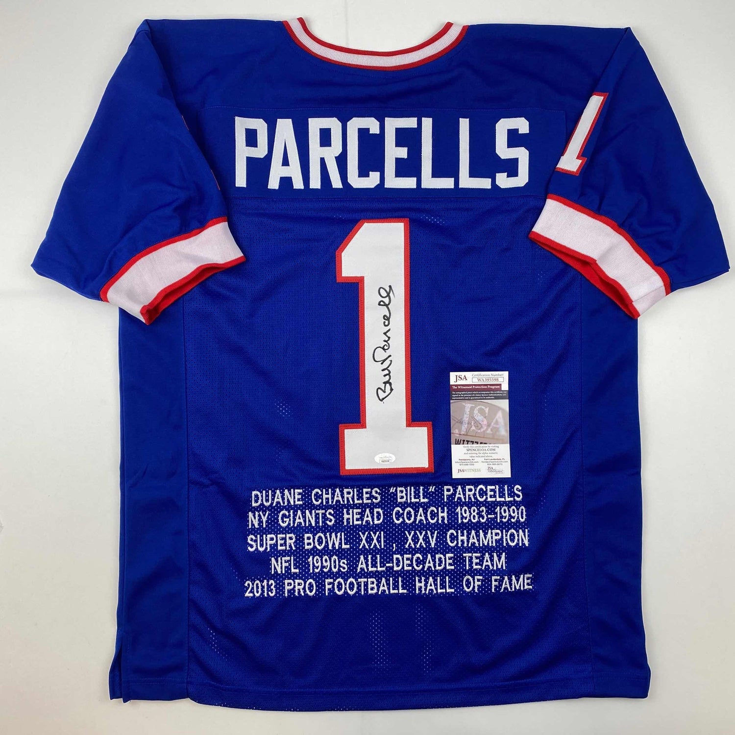 Camiseta de fútbol americano azul de Nueva York autografiada/firmada por Bill Parcells (JSA COA)