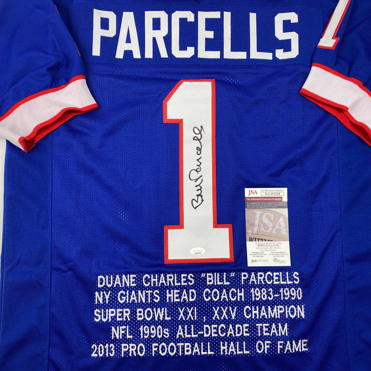 Camiseta de fútbol americano azul de Nueva York autografiada/firmada por Bill Parcells (JSA COA)