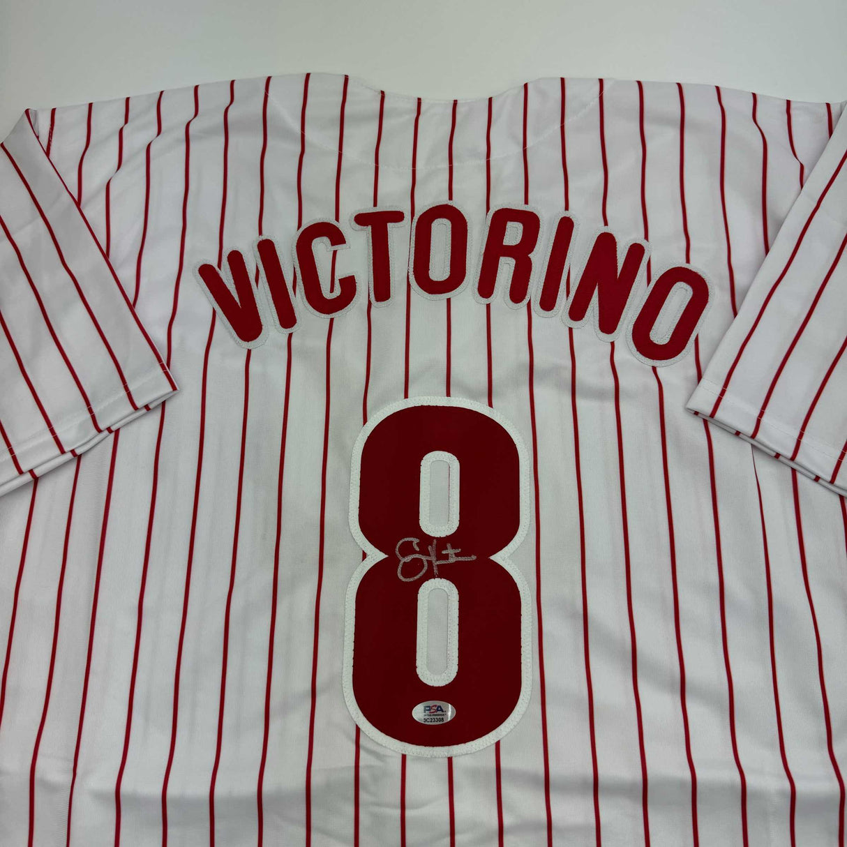 Autographed/Signed Shane Victorino Philadelphia Pinstripe Baseball Jersey PSA COA