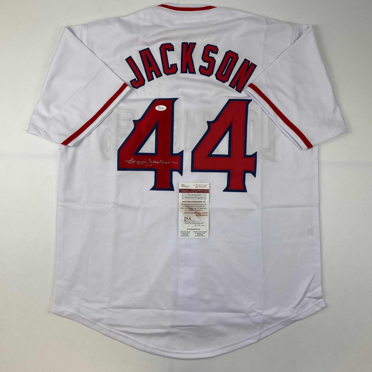 Camiseta de béisbol blanca de Reggie Jackson, California Los Ángeles, autografiada y firmada por JSA COA