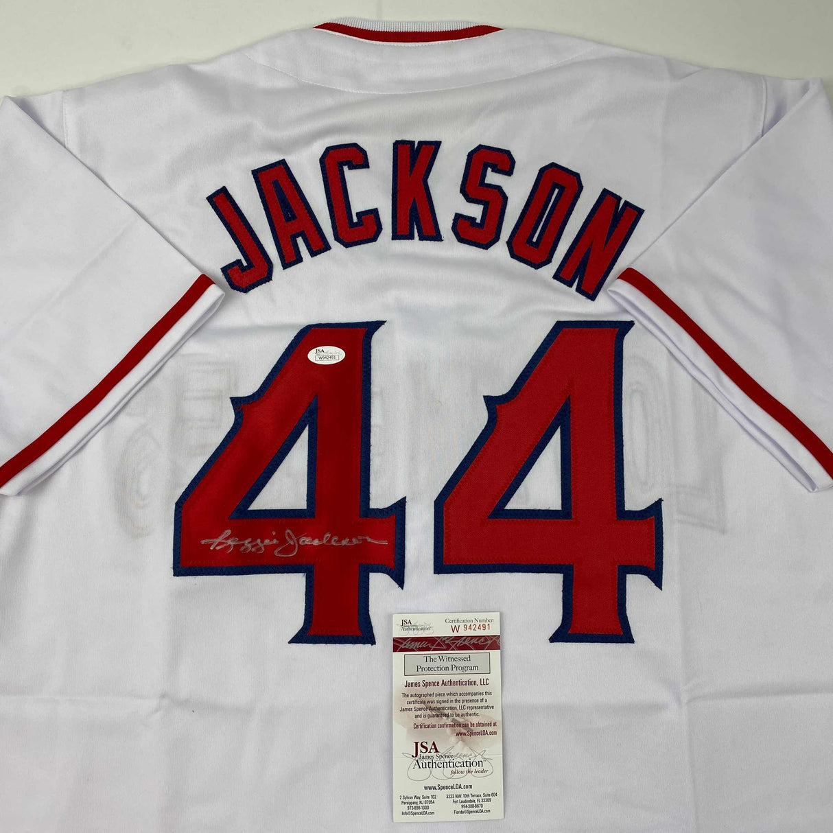 Camiseta de béisbol blanca de Reggie Jackson, California Los Ángeles, autografiada y firmada por JSA COA