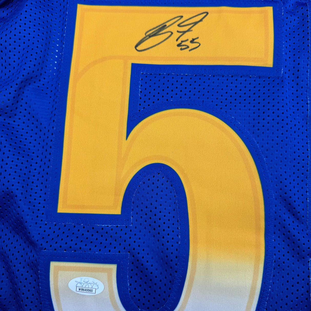 Framed Autographed/Signed Braden Fiske 35x39 Los Angeles LA Blue Football Jersey JSA COA