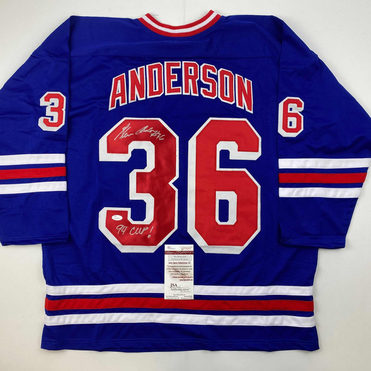 Camiseta de hockey azul de Nueva York, autografiada y firmada por Glenn Anderson 94 SC Champs JSA COA