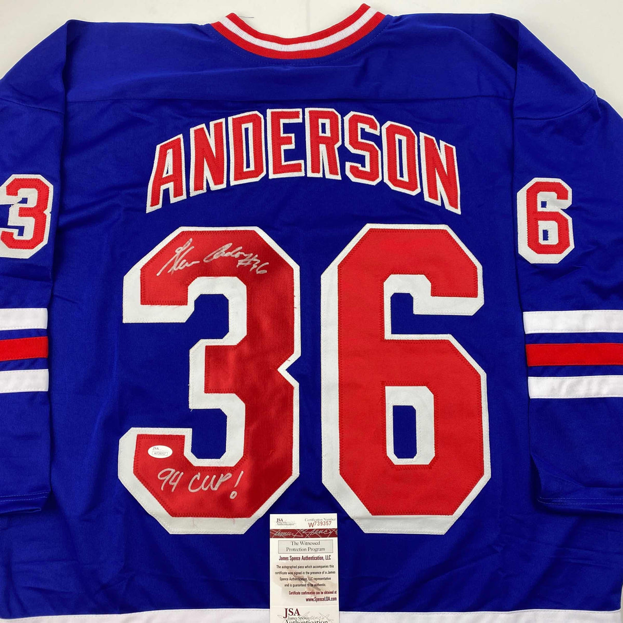 Camiseta de hockey azul de Nueva York, autografiada y firmada por Glenn Anderson 94 SC Champs JSA COA
