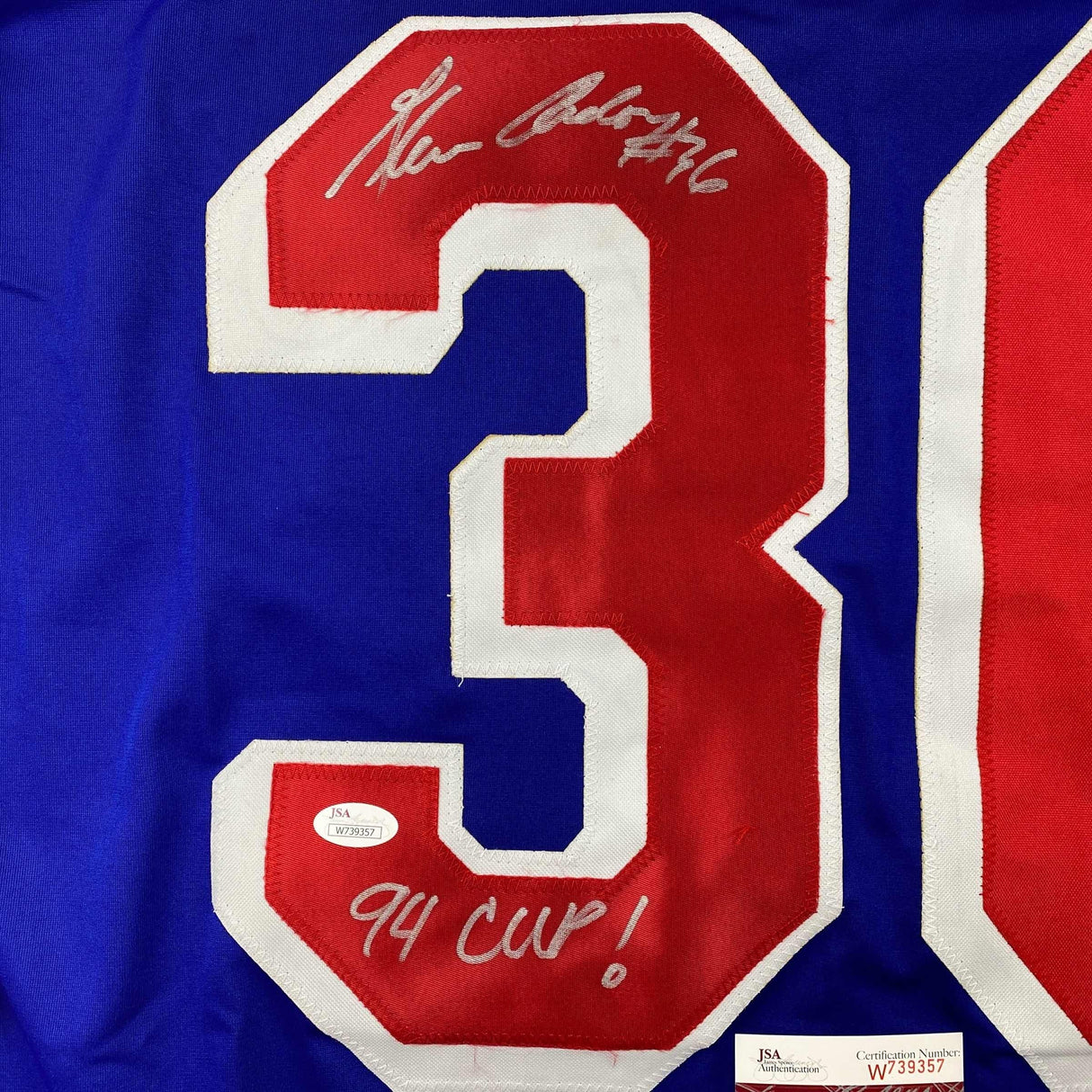Camiseta de hockey azul de Nueva York, autografiada y firmada por Glenn Anderson 94 SC Champs JSA COA