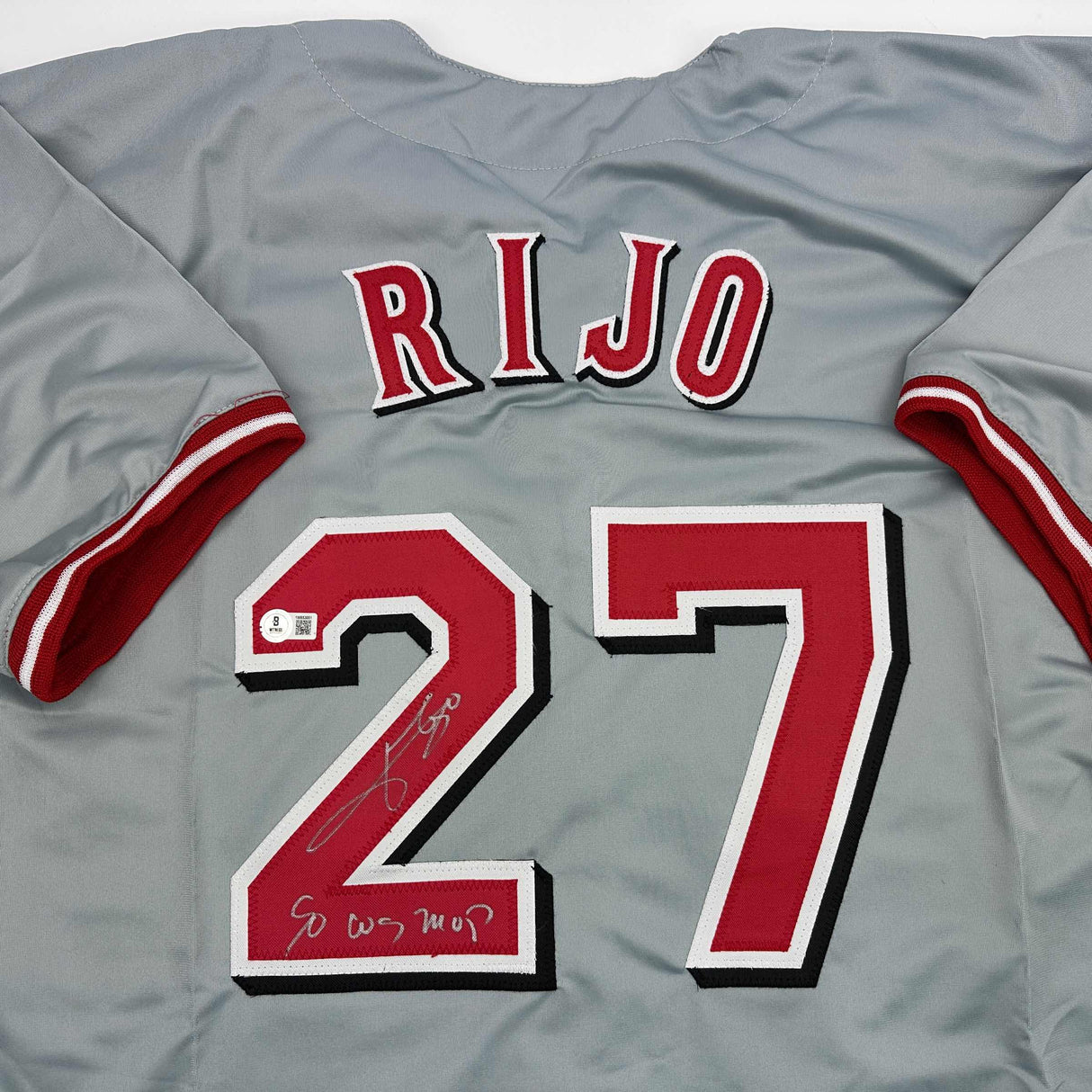 Autographed/Signed Jose Rijo 90 WS MVP Cincinnati Grey Baseball Jersey Beckett BAS COA