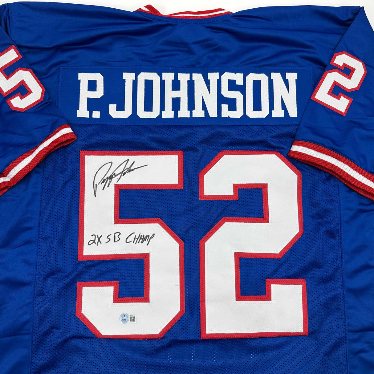 Autographed/Signed Pepper Johnson 2x SB Champ New York Blue Football Jersey Beckett BAS COA