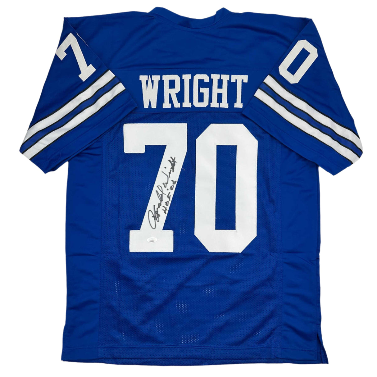 Autographed/Signed Rayfield Wright HOF 06 Dallas Blue Football Jersey JSA COA