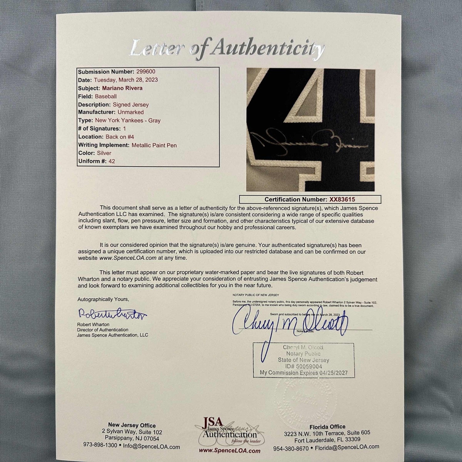 Camiseta de béisbol gris de Nueva York autografiada/firmada por Mariano Rivera JSA COA/LOA
