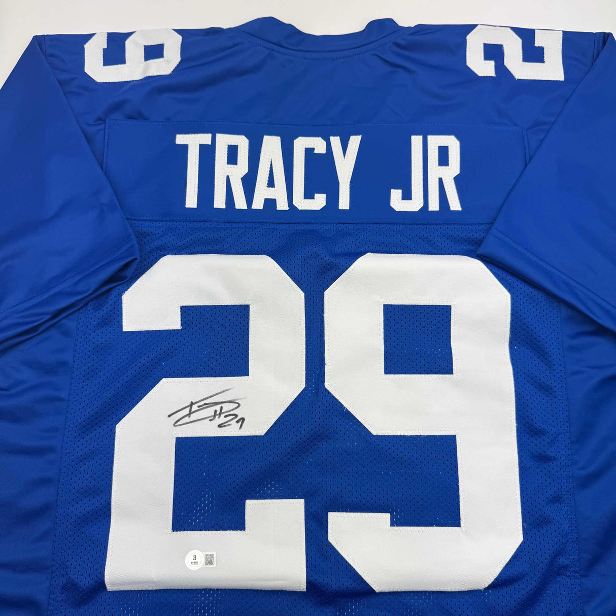 Camiseta de fútbol azul de Nueva York autografiada/firmada por Tyrone Tracy Jr. Beckett BAS COA