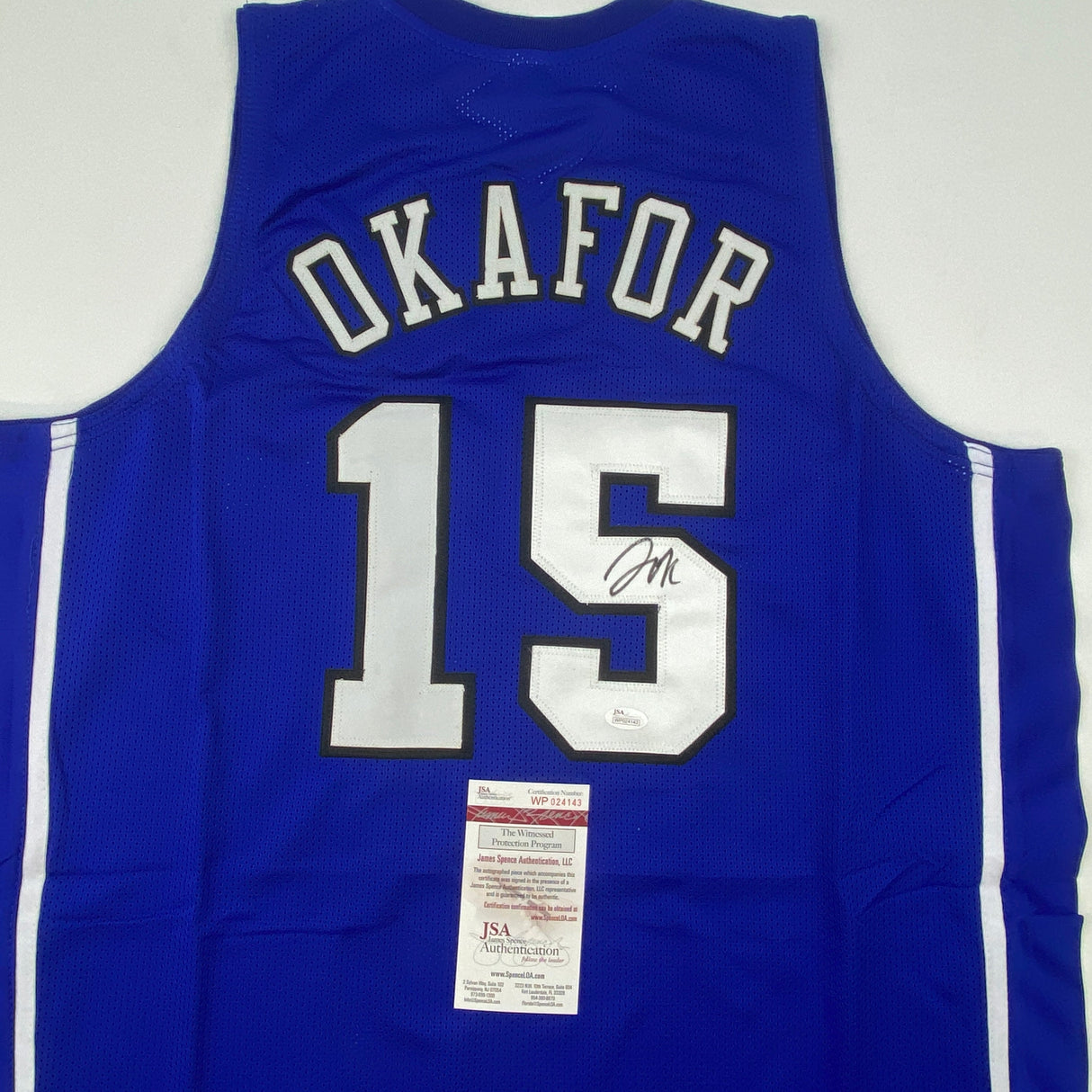 Camiseta de baloncesto universitaria azul Duke autografiada/firmada por Jahlil Okafor (JSA COA)