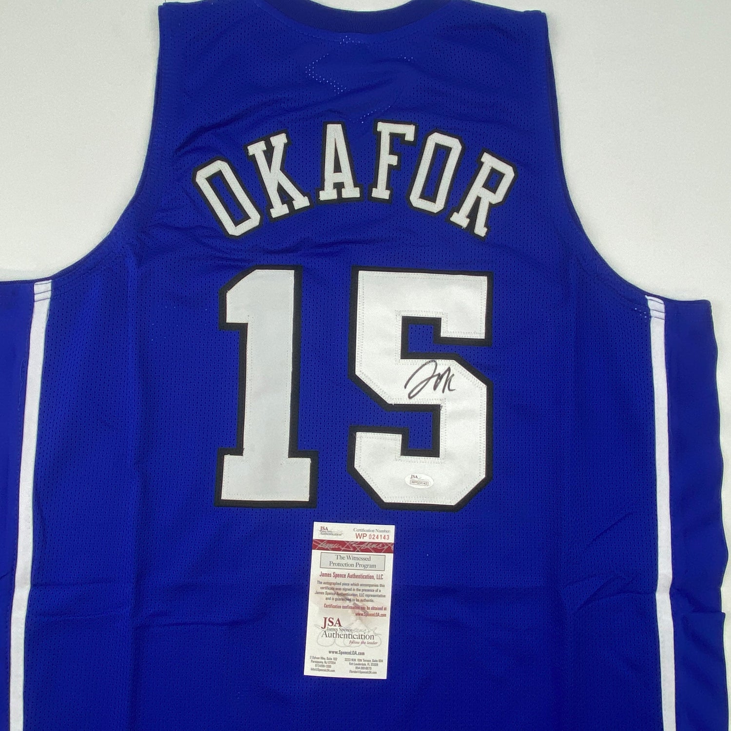 Camiseta de baloncesto universitaria azul Duke autografiada/firmada por Jahlil Okafor (JSA COA)