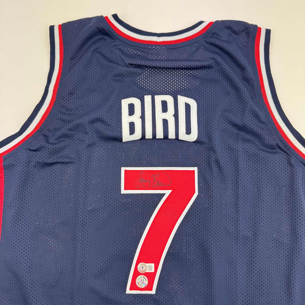 Autographed/Signed Larry Bird United States USA Blue 1992 Dream Team Basketball Jersey Beckett BAS COA