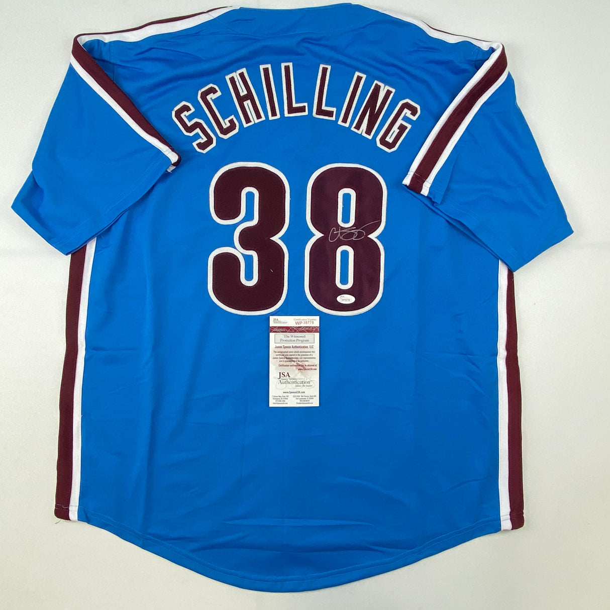 Camiseta de béisbol retro azul de Filadelfia autografiada/firmada por Curt Schilling (JSA COA)