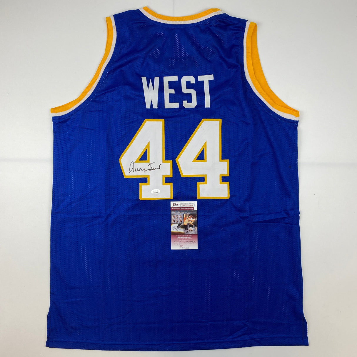 Camiseta de baloncesto universitaria azul de West Virginia autografiada/firmada de Jerry West (JSA COA)