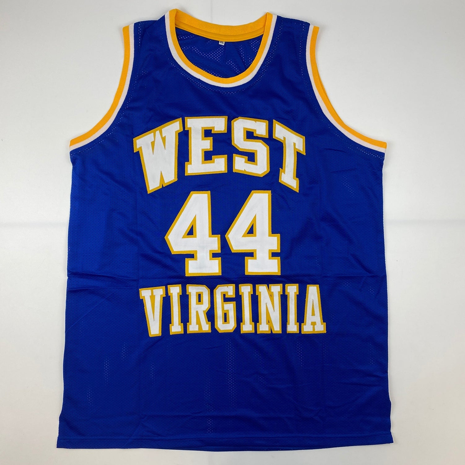 Camiseta de baloncesto universitaria azul de West Virginia autografiada/firmada de Jerry West (JSA COA)