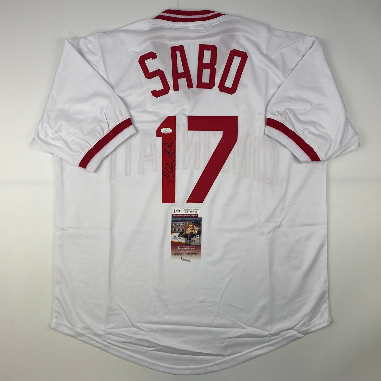 Camiseta de béisbol blanca de Cincinnati autografiada/firmada por Chris Sabo JSA COA