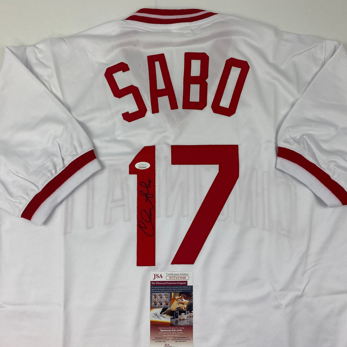 Camiseta de béisbol blanca de Cincinnati autografiada/firmada por Chris Sabo JSA COA