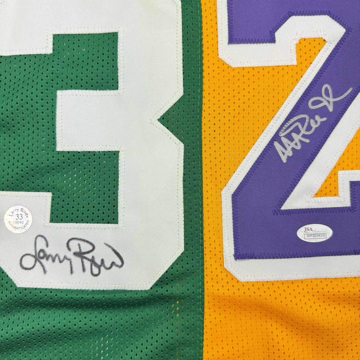 Autographed/Signed Larry Bird & Magic Johnson Dual Basketball Jersey JSA COA