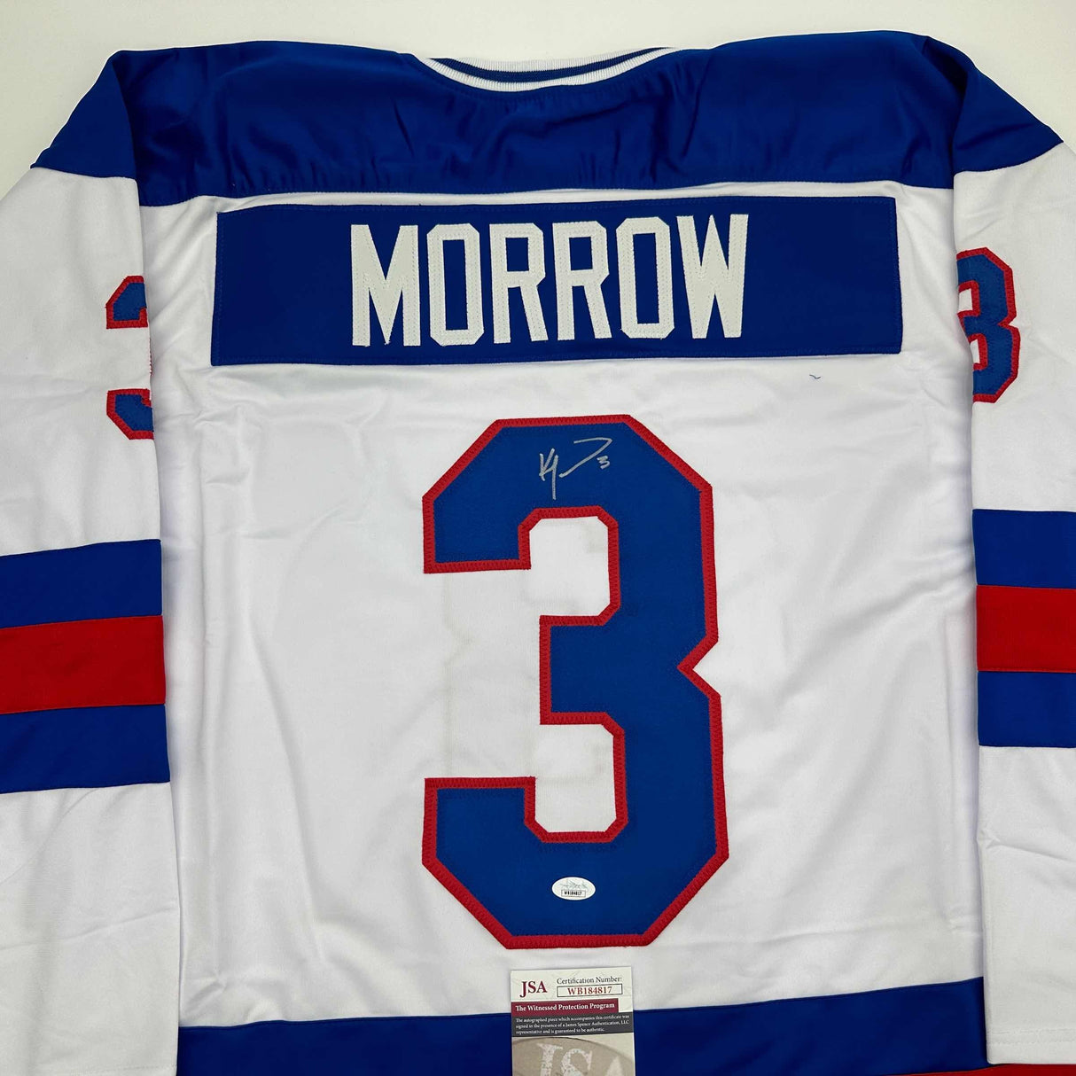 Camiseta de hockey blanca autografiada/firmada por Ken Morrow del equipo estadounidense Miracle On Ice 1980 (JSA COA)