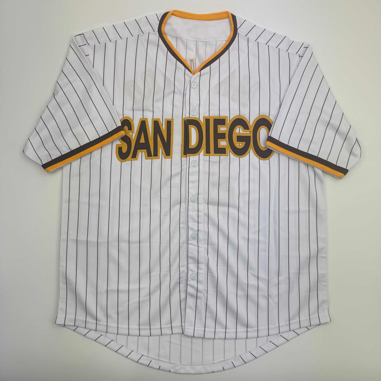 Camiseta de béisbol a rayas de San Diego de Manny Machado autografiada/firmada Beckett BAS COA