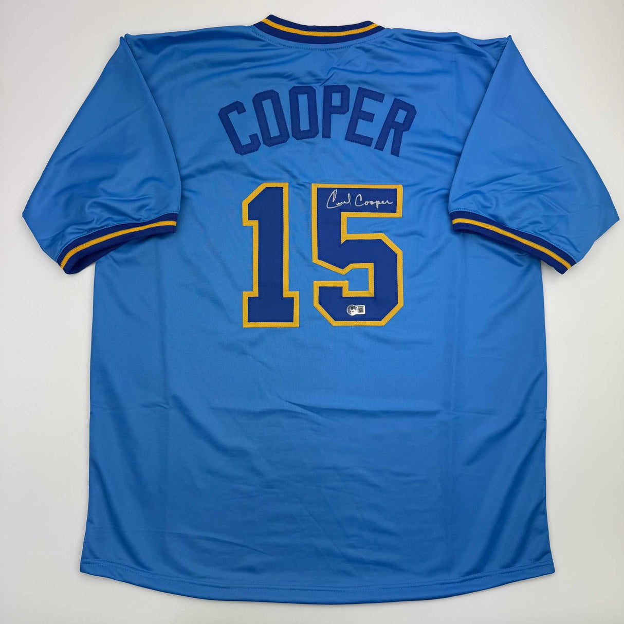 Autographed/Signed Cecil Cooper Milwaukee Blue Baseball Jersey Beckett BAS COA