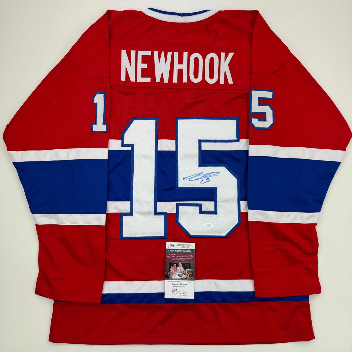 Camiseta de hockey roja de Montreal autografiada/firmada por Alex Newhook (JSA COA)
