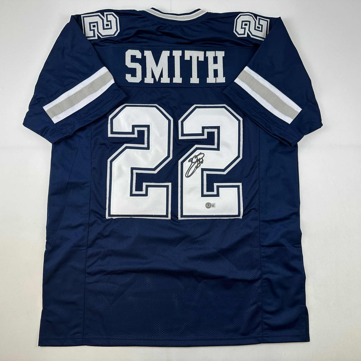 Camiseta de fútbol azul de Dallas de Emmitt Smith autografiada/firmada Beckett BAS COA