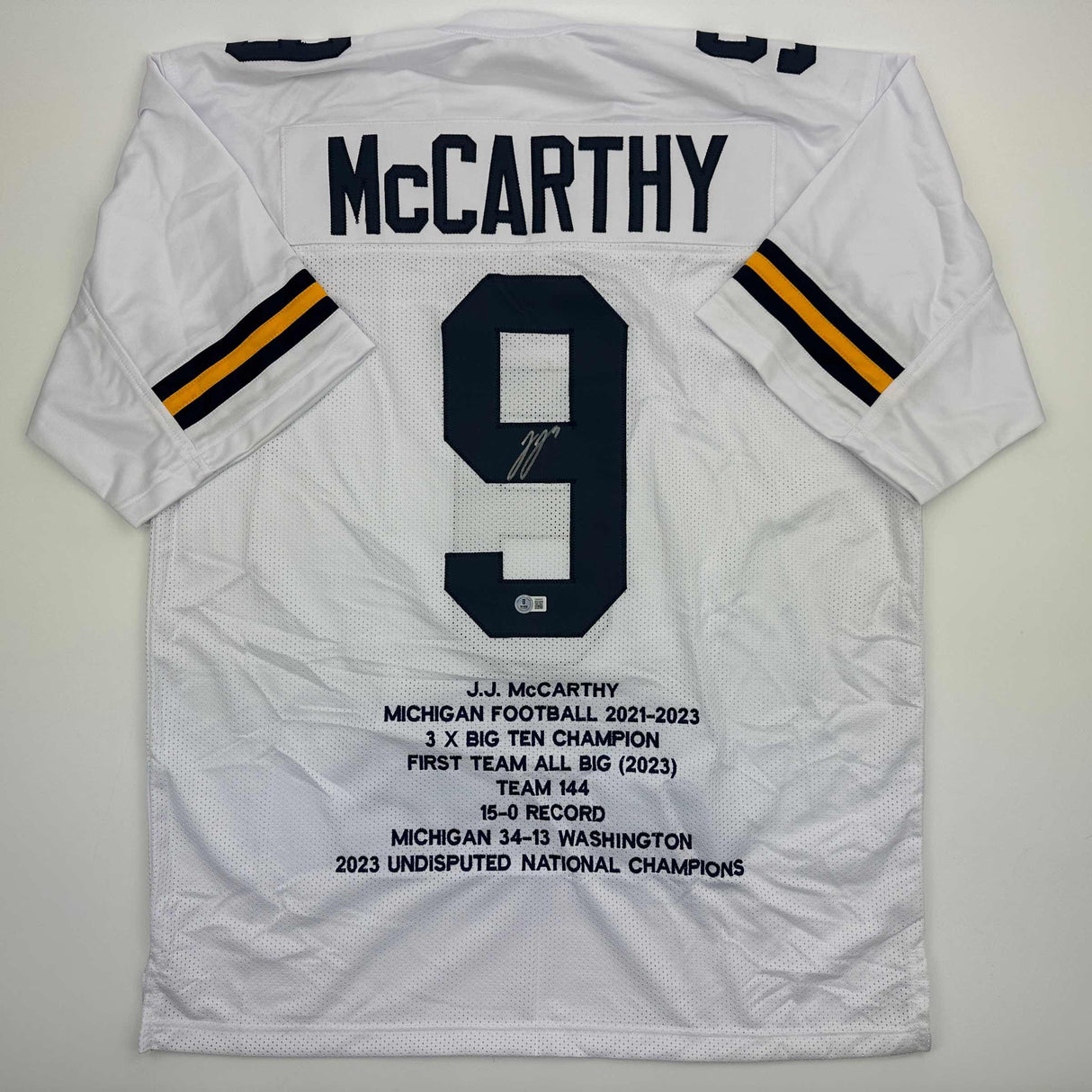 Autographed/Signed J.J. JJ McCarthy Michigan White College Stat Football Jersey Beckett BAS COA