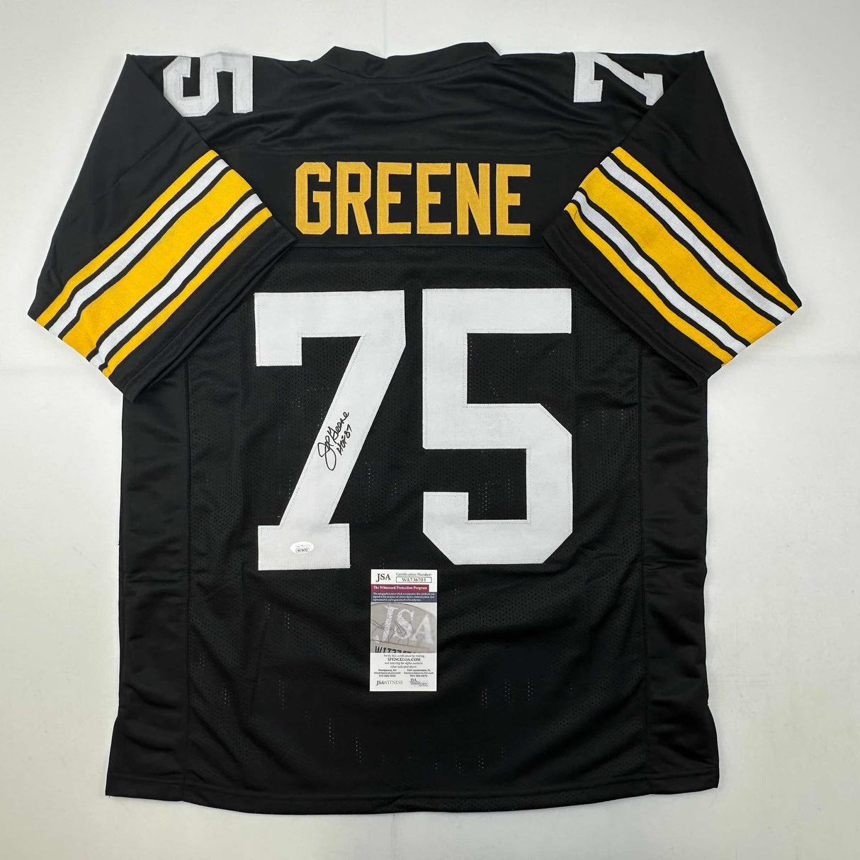 Autographed/Signed Mean Joe Greene HOF 87 Pittsburgh Black Football Jersey JSA COA