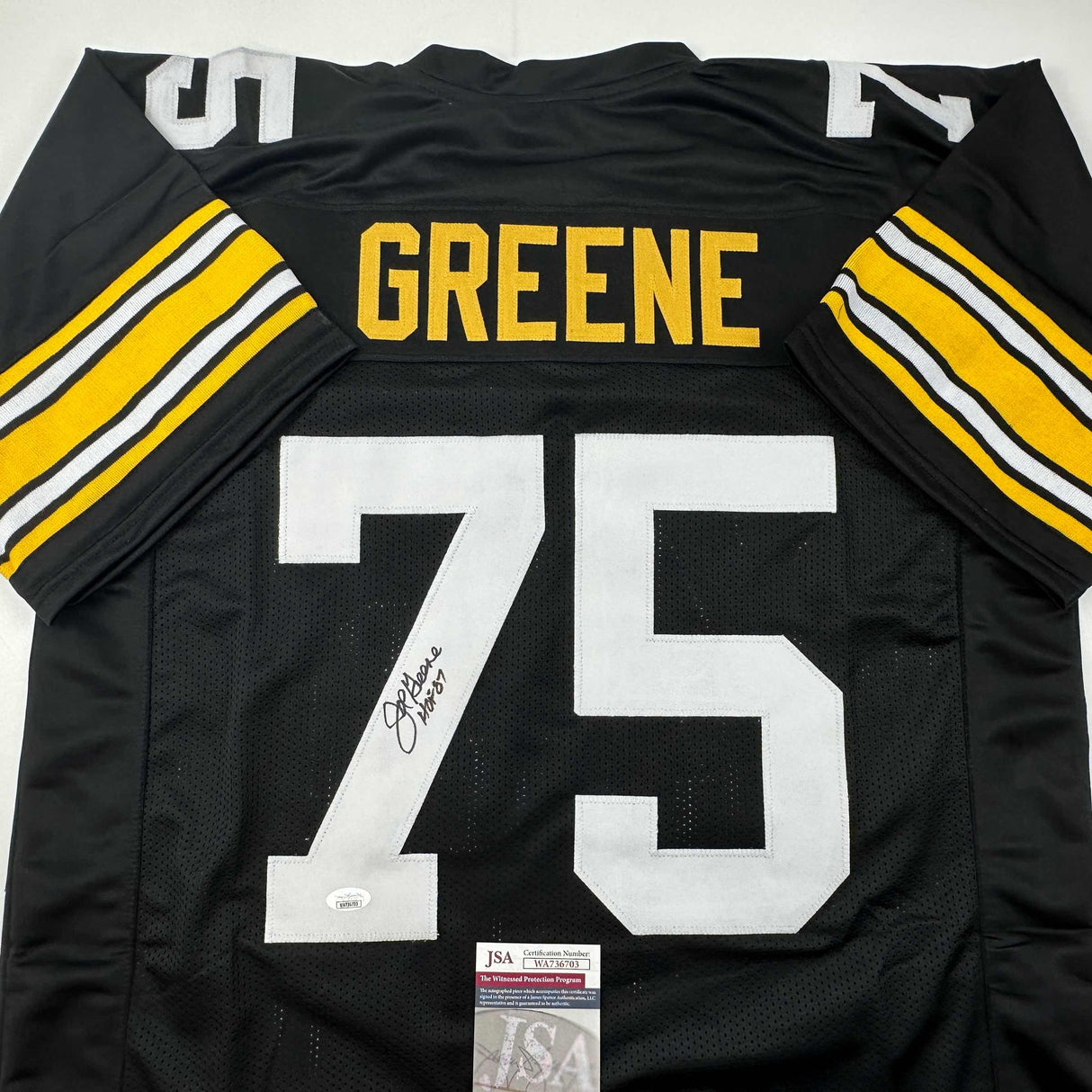 Autographed/Signed Mean Joe Greene HOF 87 Pittsburgh Black Football Jersey JSA COA