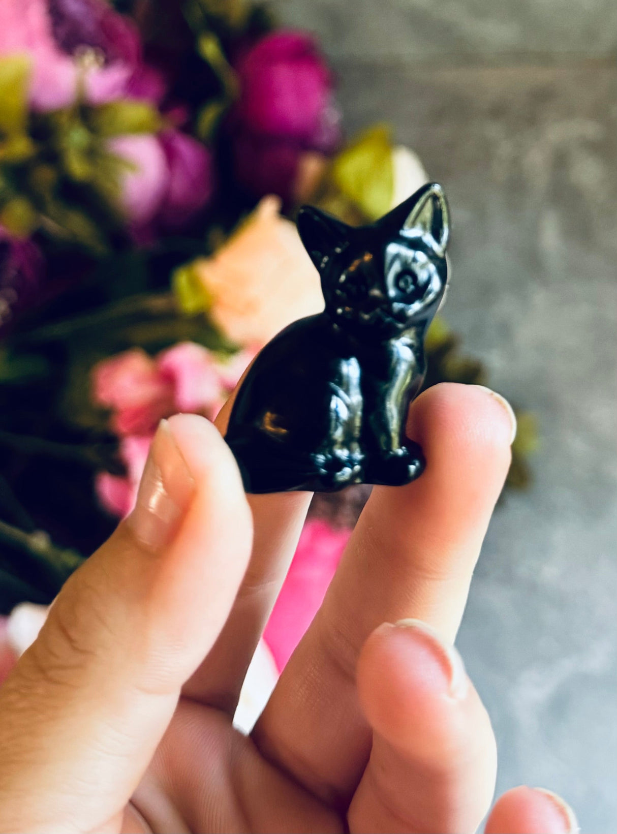 Tiny Black Obsidian Cats, Mini Black Cat, Black Crystal Cat, Witchy Halloween Decor