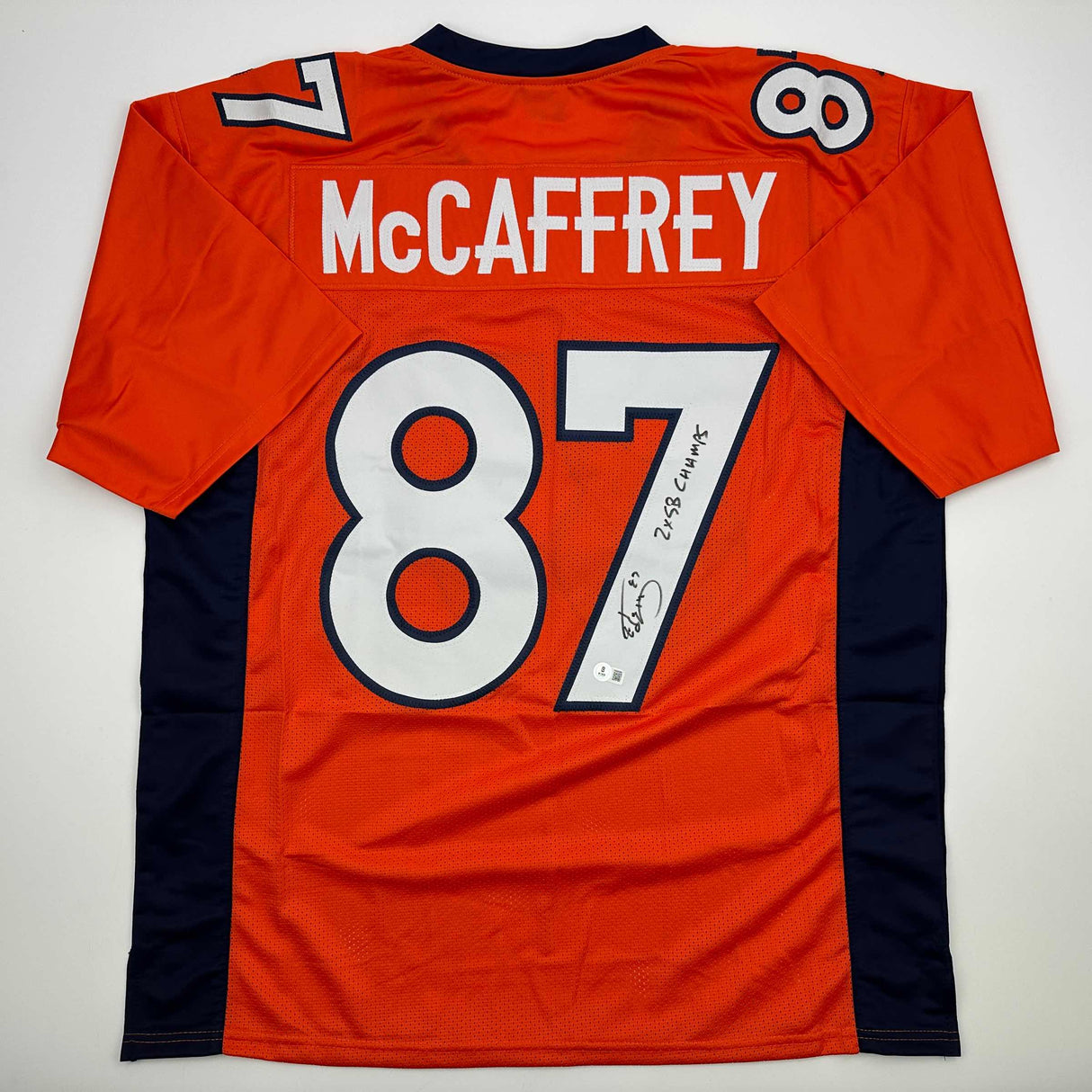 Camiseta de fútbol naranja de Denver, autografiada y firmada por Ed McCaffrey, 2x SB Champs, Beckett BAS COA
