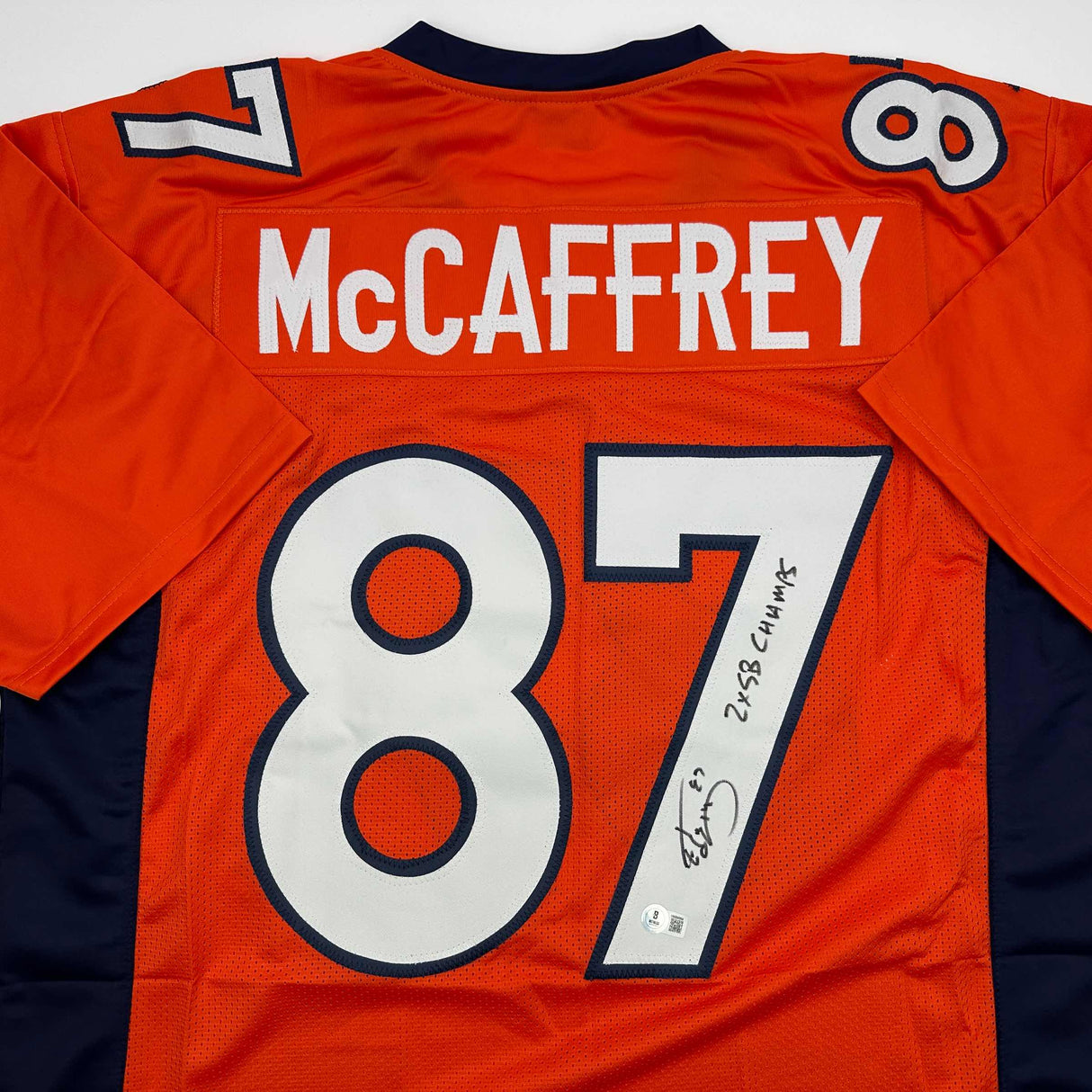 Camiseta de fútbol naranja de Denver, autografiada y firmada por Ed McCaffrey, 2x SB Champs, Beckett BAS COA