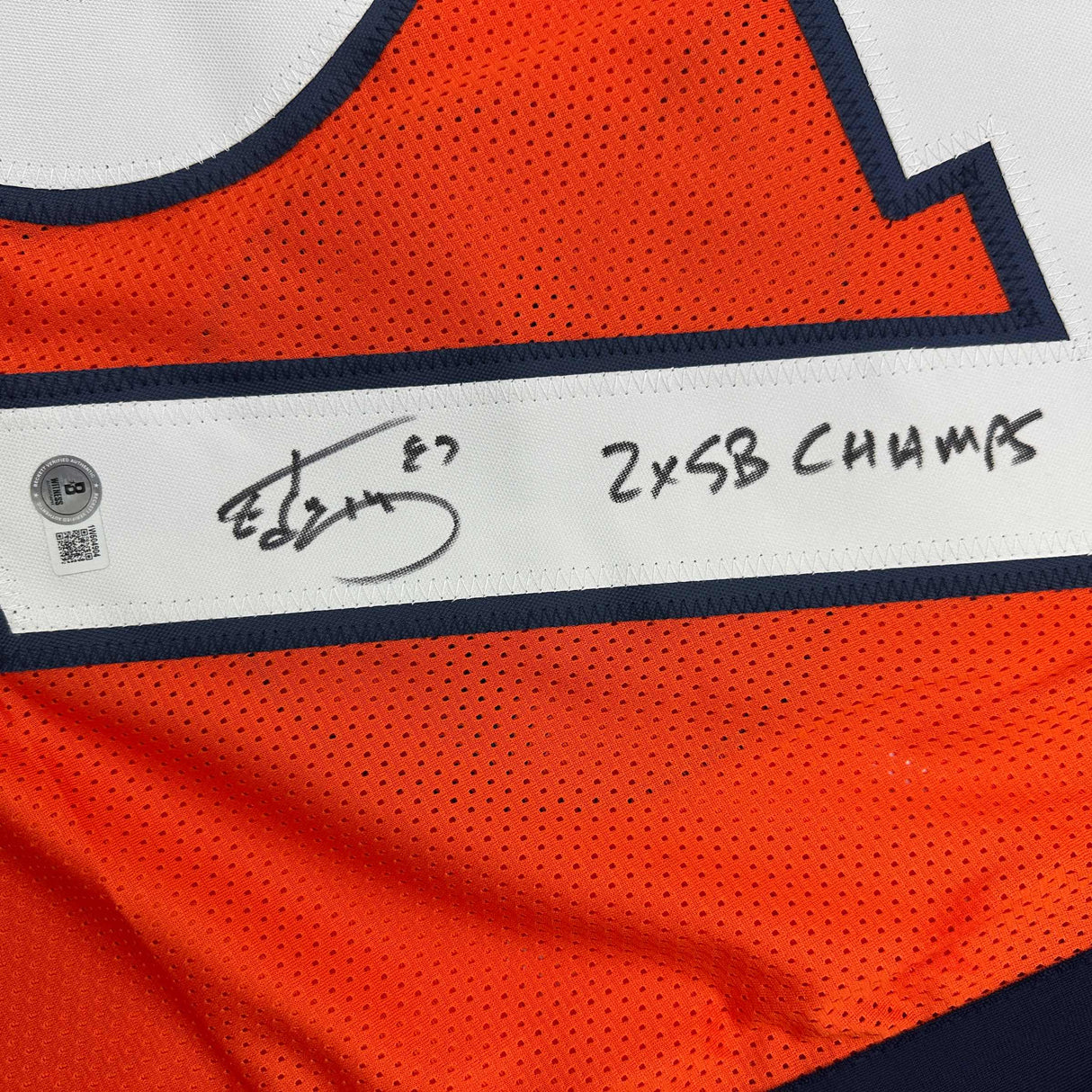 Camiseta de fútbol naranja de Denver, autografiada y firmada por Ed McCaffrey, 2x SB Champs, Beckett BAS COA