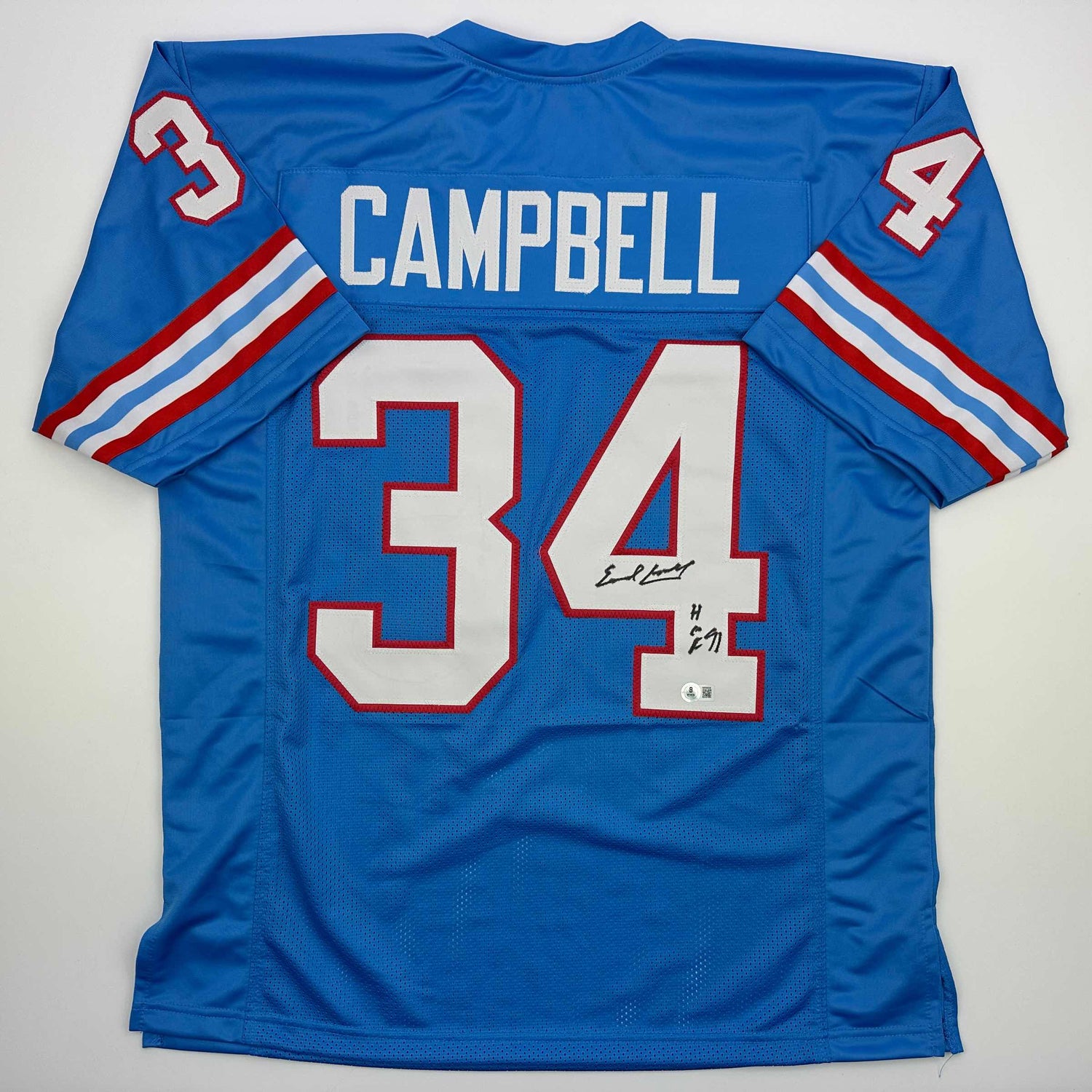 Camiseta de fútbol azul Houston del Salón de la Fama 91 de Earl Campbell autografiada y firmada por Beckett BAS COA