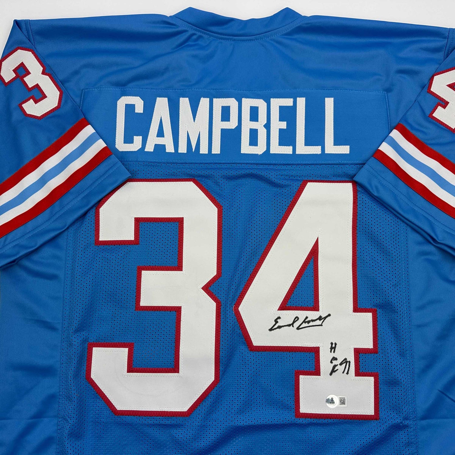 Camiseta de fútbol azul Houston del Salón de la Fama 91 de Earl Campbell autografiada y firmada por Beckett BAS COA