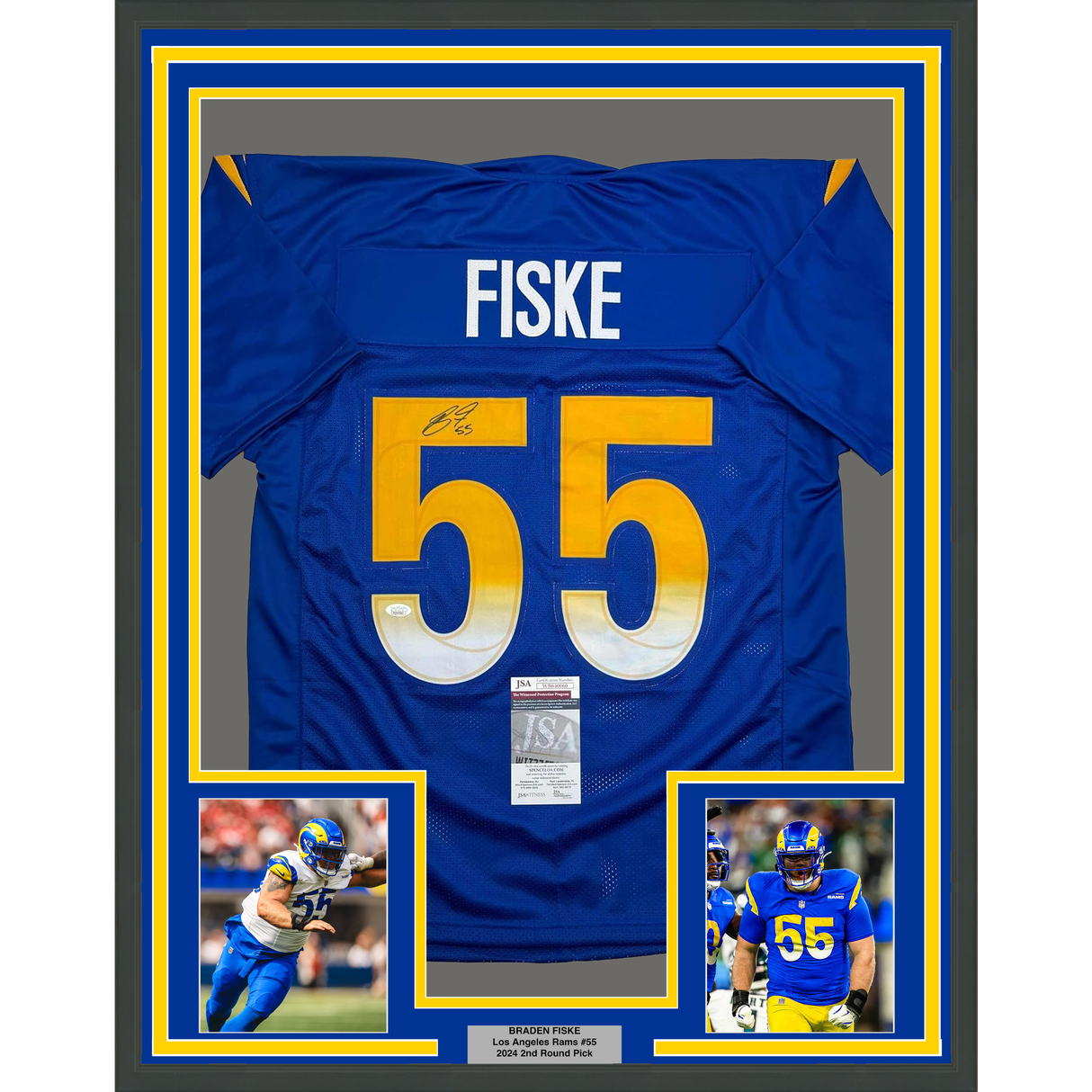 Framed Autographed/Signed Braden Fiske 35x39 Los Angeles LA Blue Football Jersey JSA COA