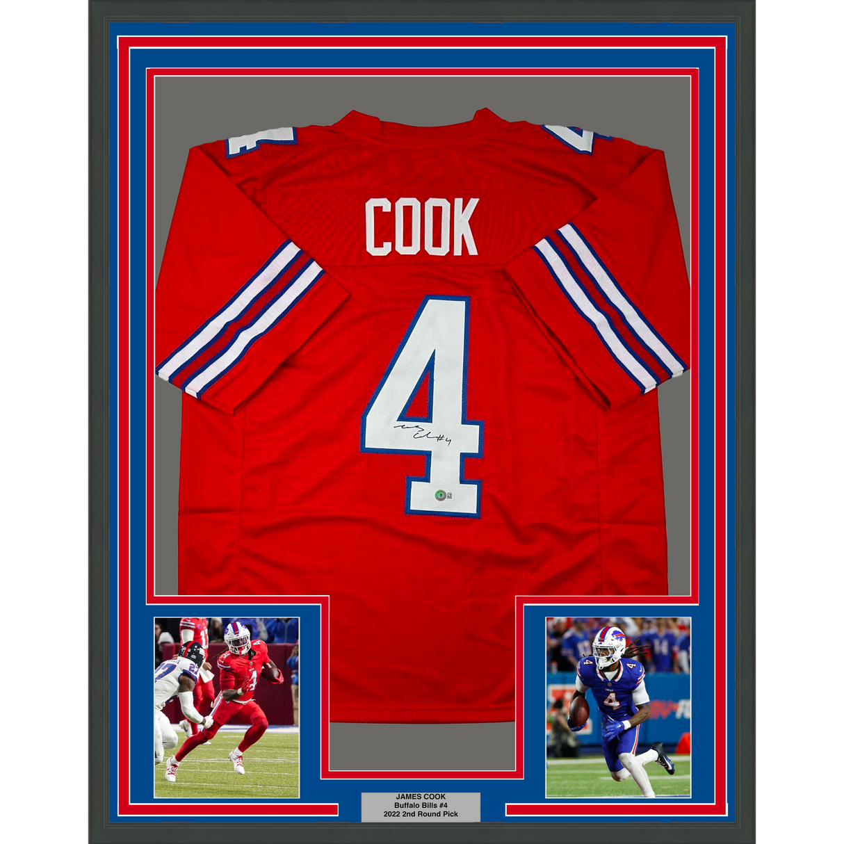 Framed Autographed/Signed James Cook 35x39 Buffalo Red Football Jersey Beckett BAS COA