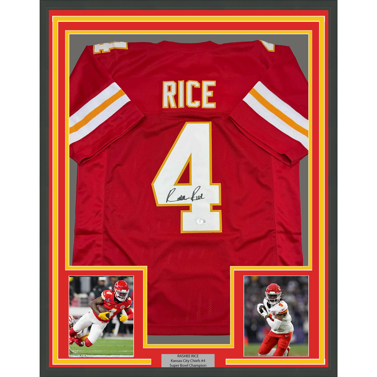 Camiseta de fútbol americano roja de Kansas City Beckett BAS COA, enmarcada, autografiada y firmada por Rashee Rice, 35 x 39