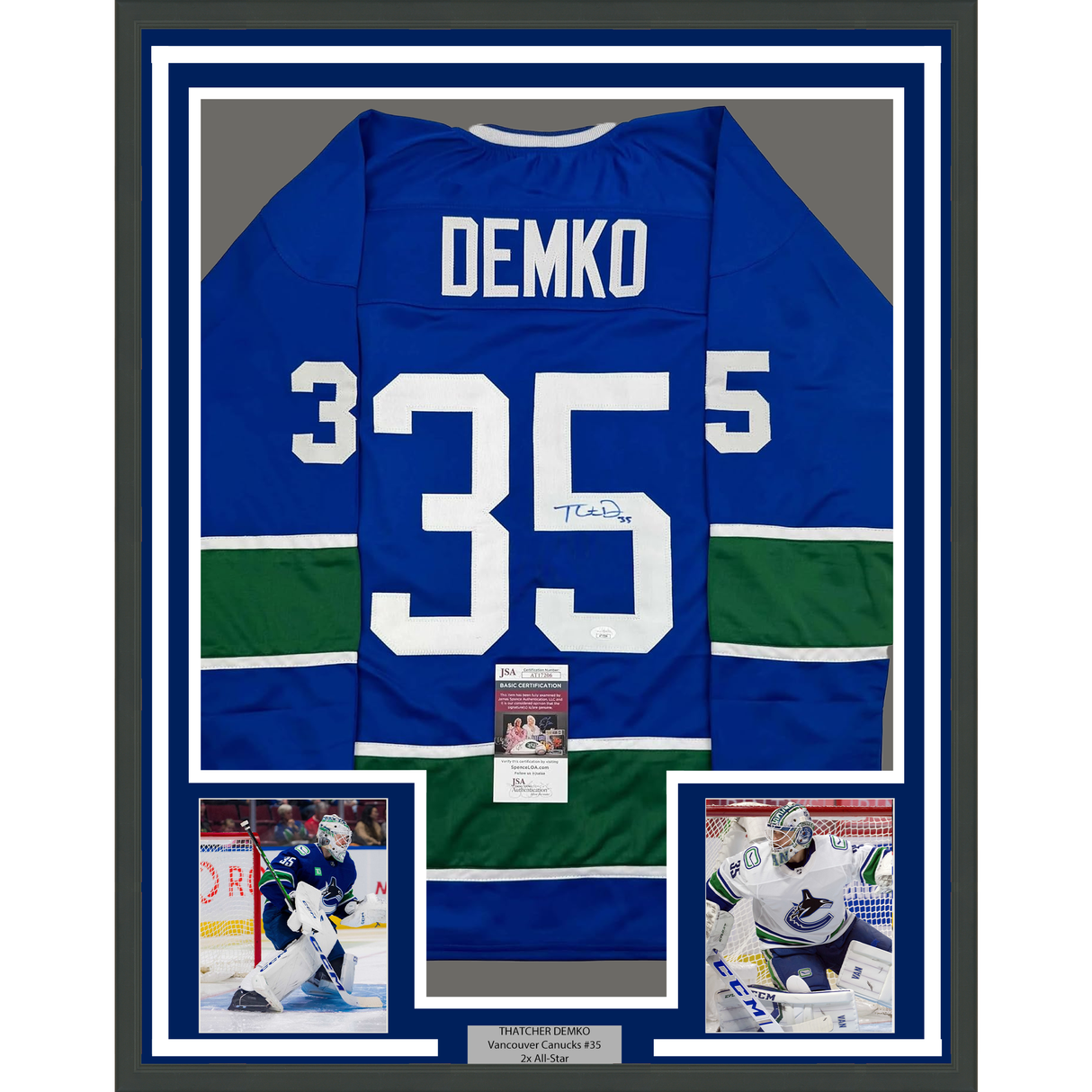 Framed Autographed/Signed Thatcher Demko 35x39 Vancouver Blue Hockey Jersey JSA COA