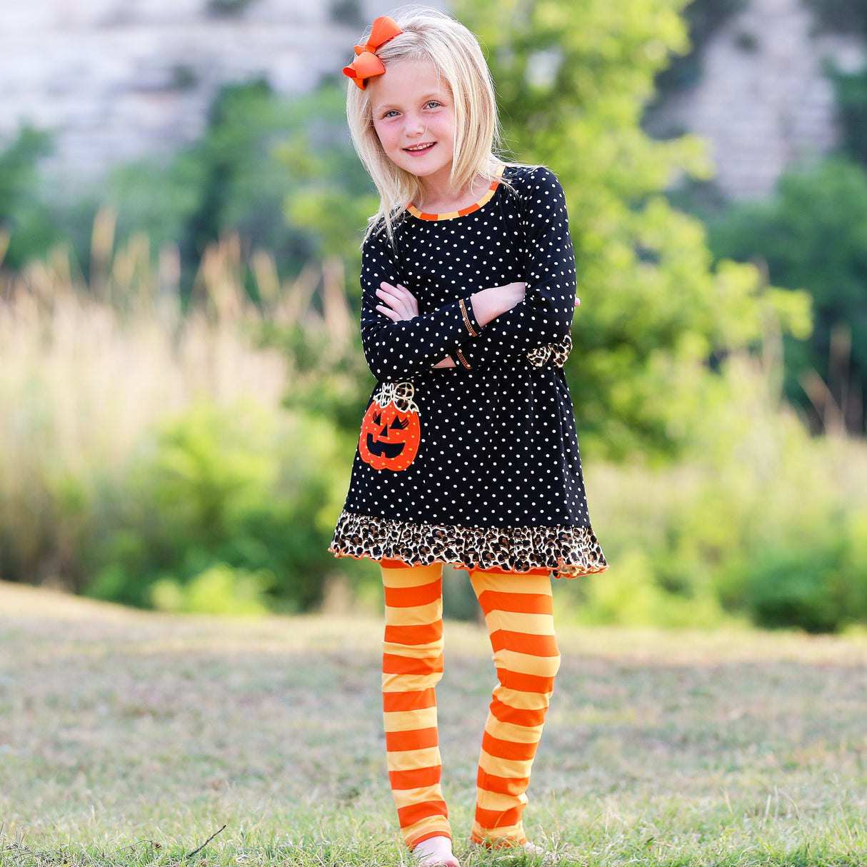 AnnLoren Girls' Halloween Orange Pumpkin Polka Dot Dress & Leggings Outfit
