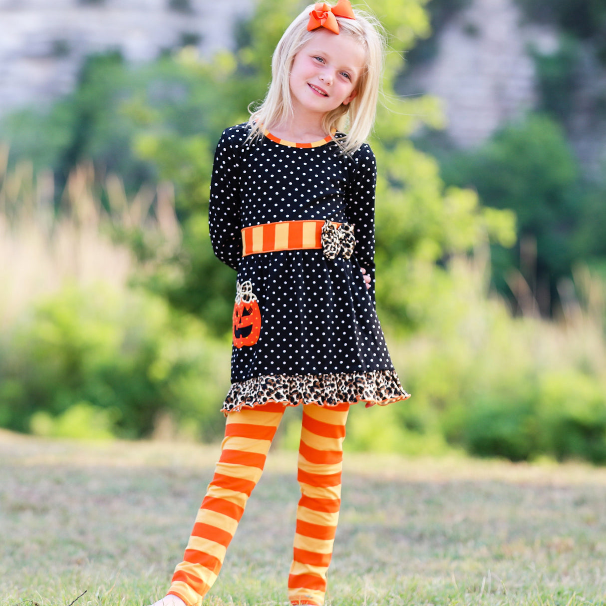 AnnLoren Girls' Halloween Orange Pumpkin Polka Dot Dress & Leggings Outfit