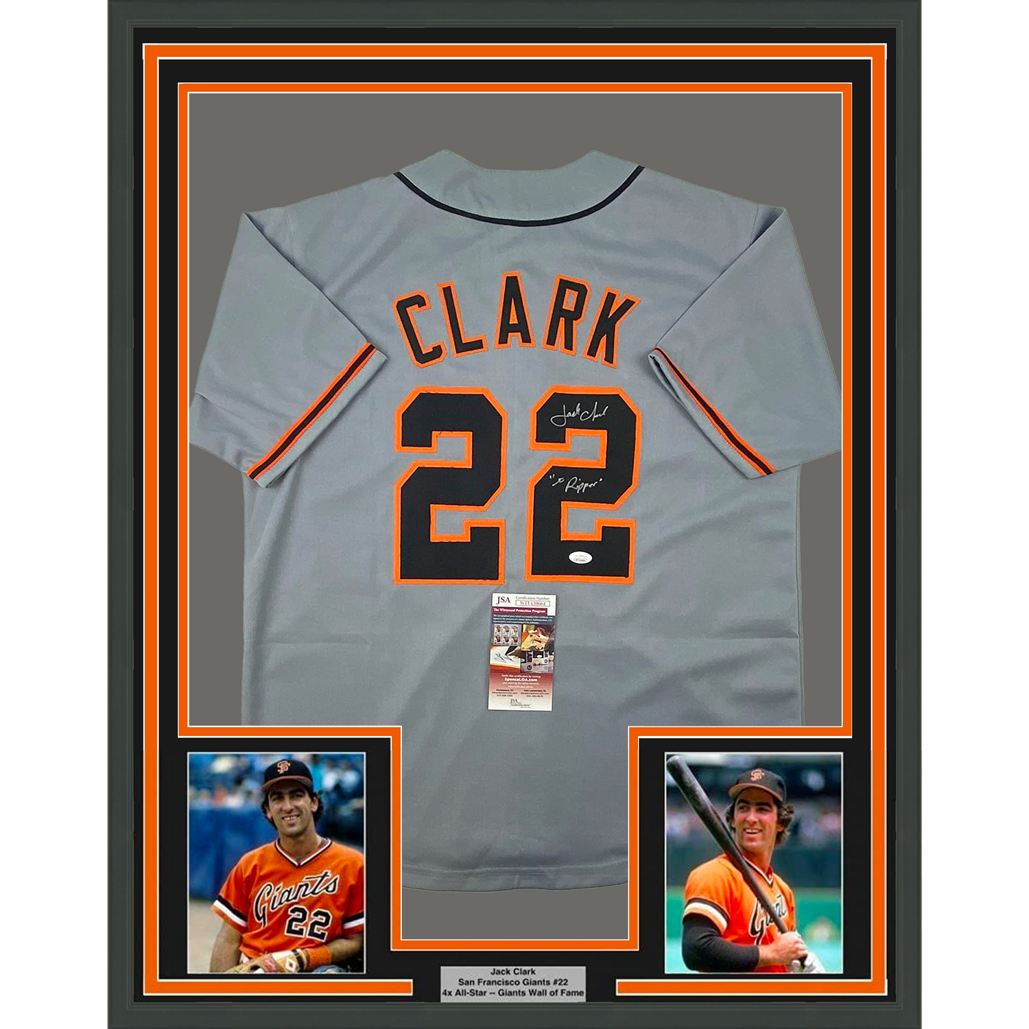 Camiseta de béisbol enmarcada, autografiada y firmada de Jack Clark, El Destripador, 35 x 39, color gris San Francisco, JSA COA